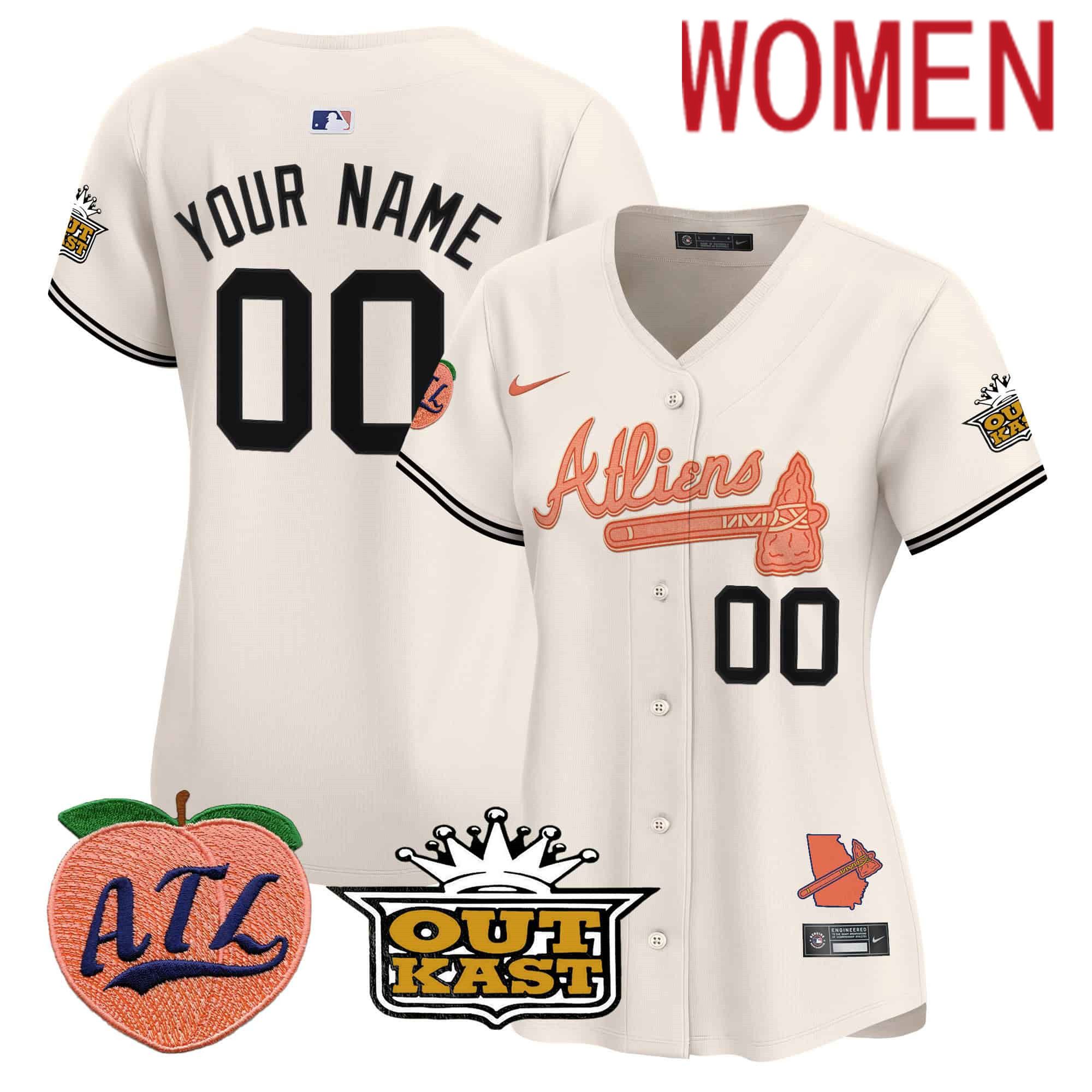 Women Atlanta Braves Cream Nike 2024 Atliens & Peach Vapor Premier Limited Custom MLB Jersey